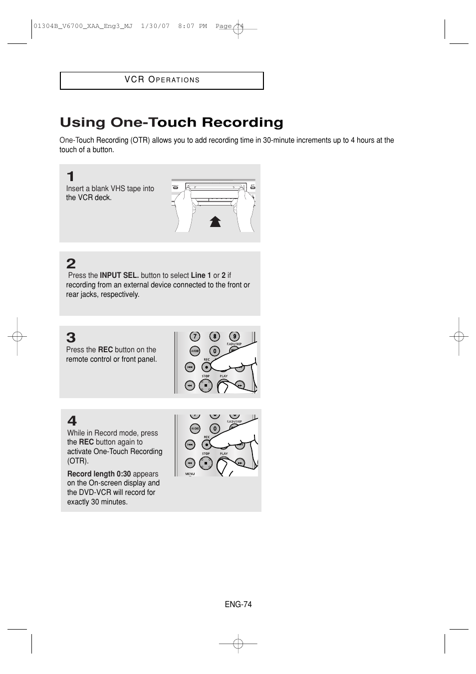 Using one-touch recording, Using one-t ouch recording | Samsung DVD-V6700-XAA User Manual | Page 74 / 84