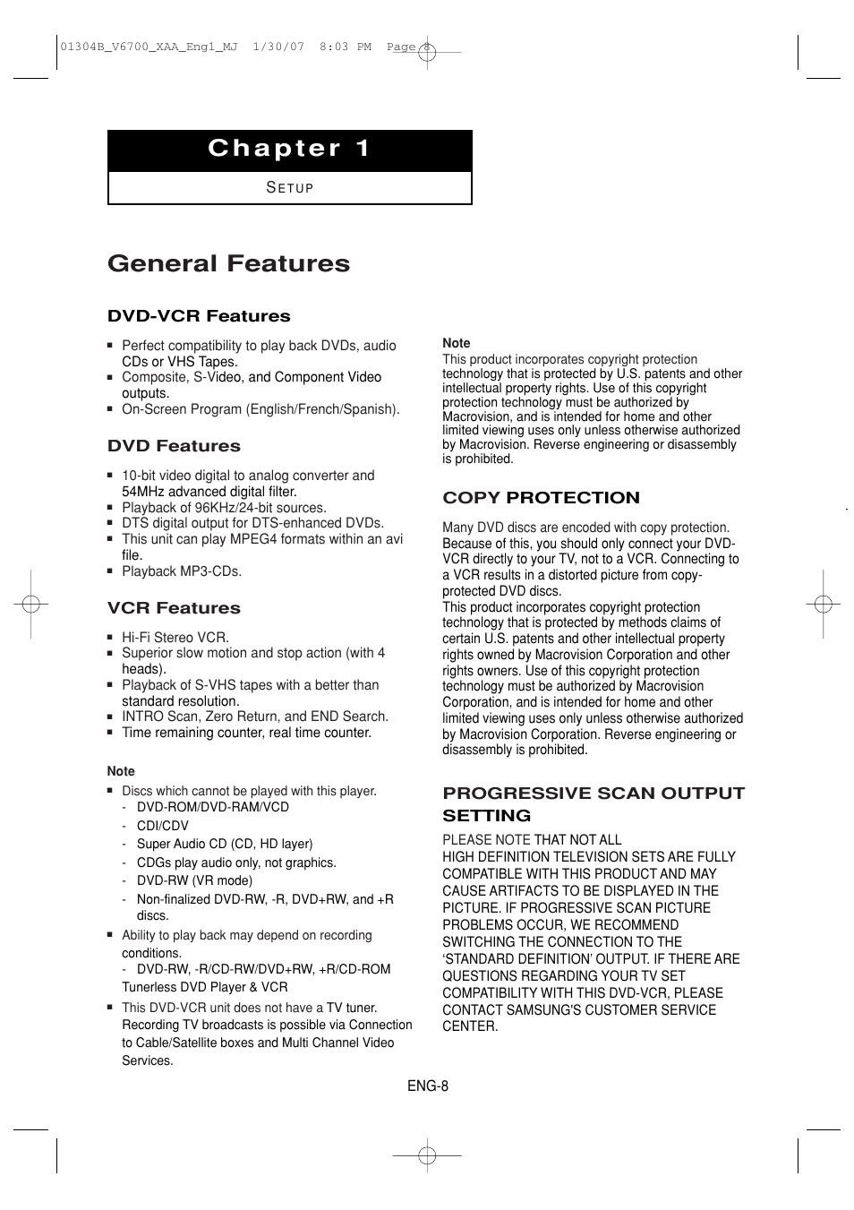 Chapter 1:setup, General features, Dvd-vcr features | Dvd features, Vcr features, Copy protection, Progressive scan output setting | Samsung DVD-V6700-XAA User Manual | Page 8 / 84