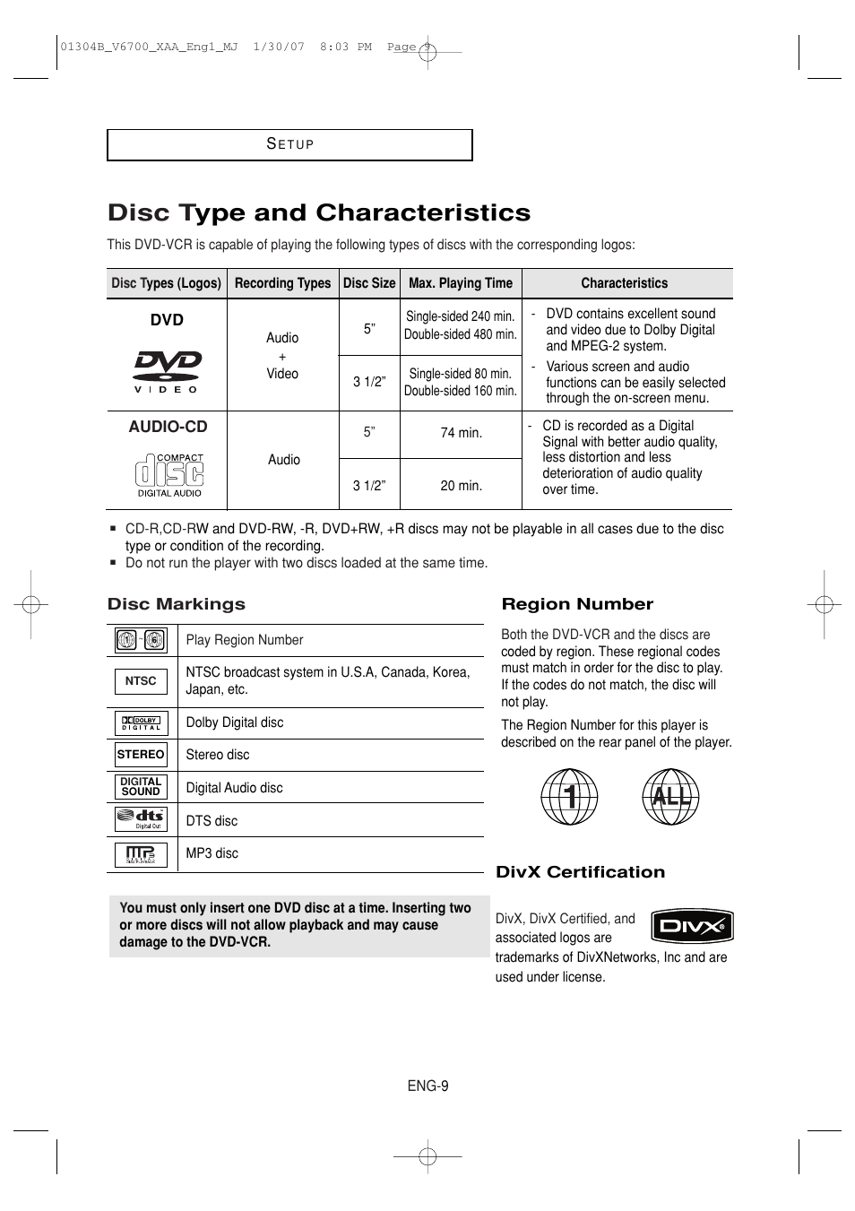 Disc type and characteristics, Disc t ype and characteristics | Samsung DVD-V6700-XAA User Manual | Page 9 / 84