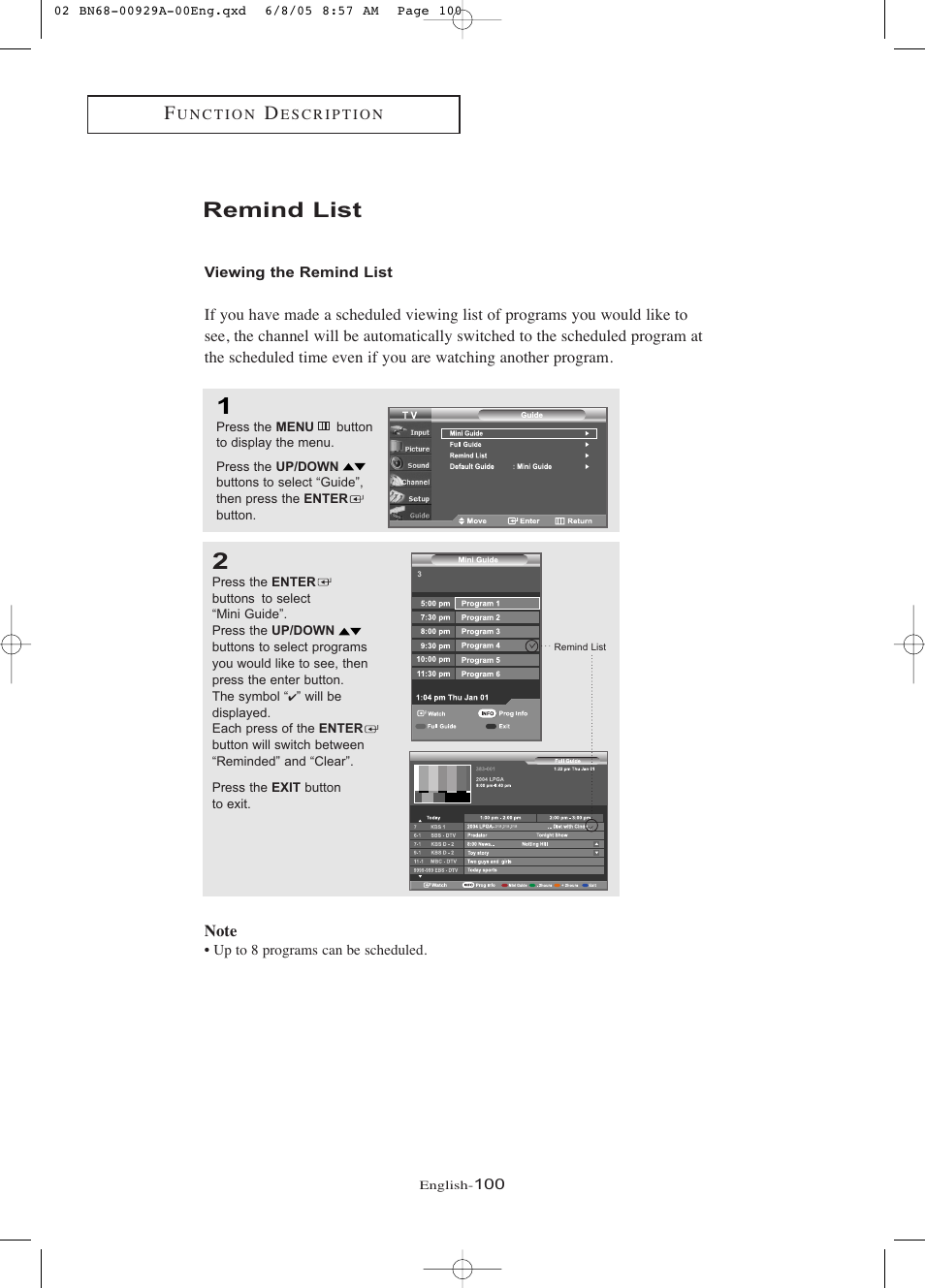 Remind list, Viewing the remind list | Samsung LNR377DX-XAA User Manual | Page 106 / 114