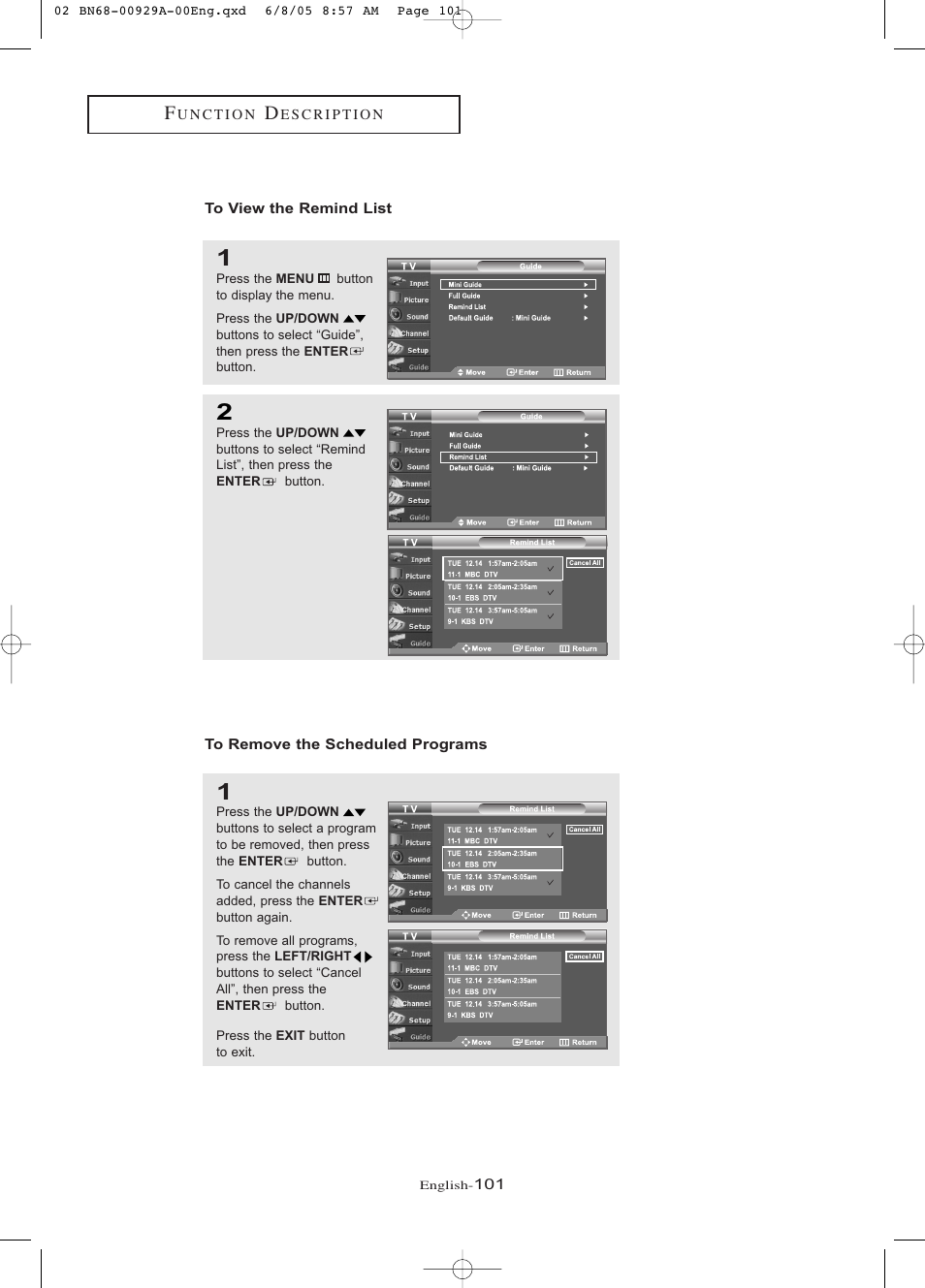 To view the remind list, To remove the scheduled programs | Samsung LNR377DX-XAA User Manual | Page 107 / 114