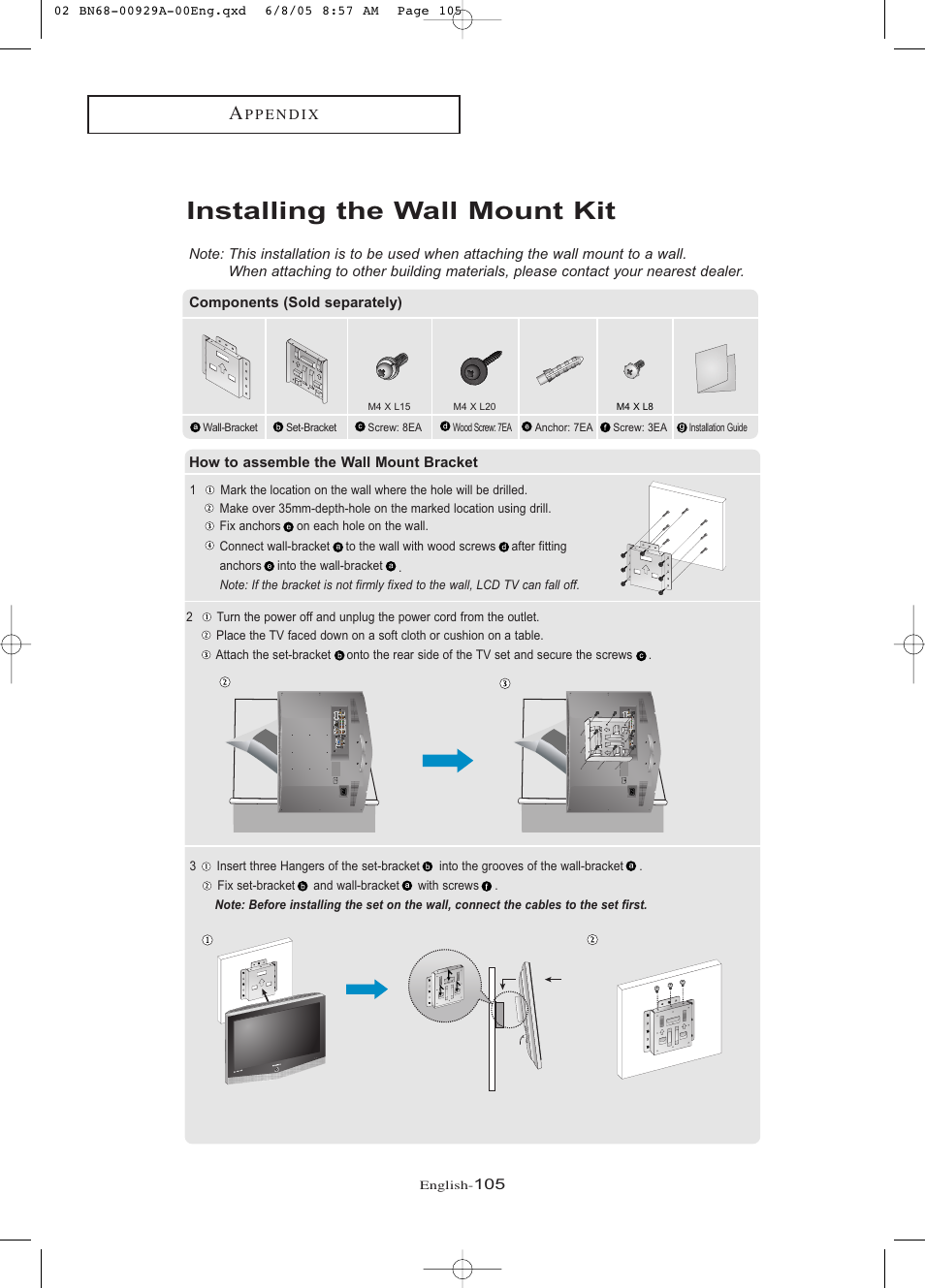 Installing the wall mount kit | Samsung LNR377DX-XAA User Manual | Page 111 / 114