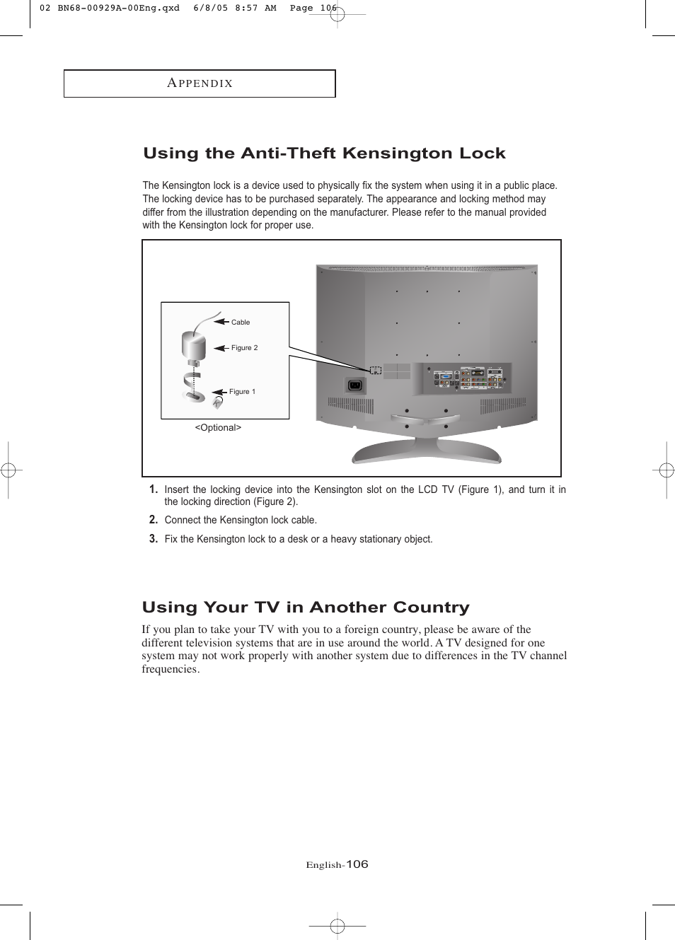 Using the anti-theft kensington lock, Using your tv in another country | Samsung LNR377DX-XAA User Manual | Page 112 / 114