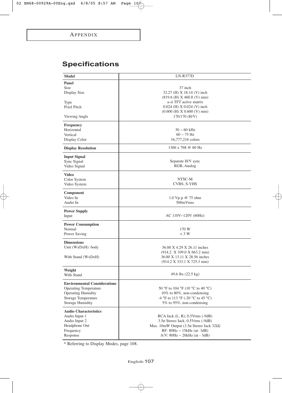 Specifications | Samsung LNR377DX-XAA User Manual | Page 113 / 114