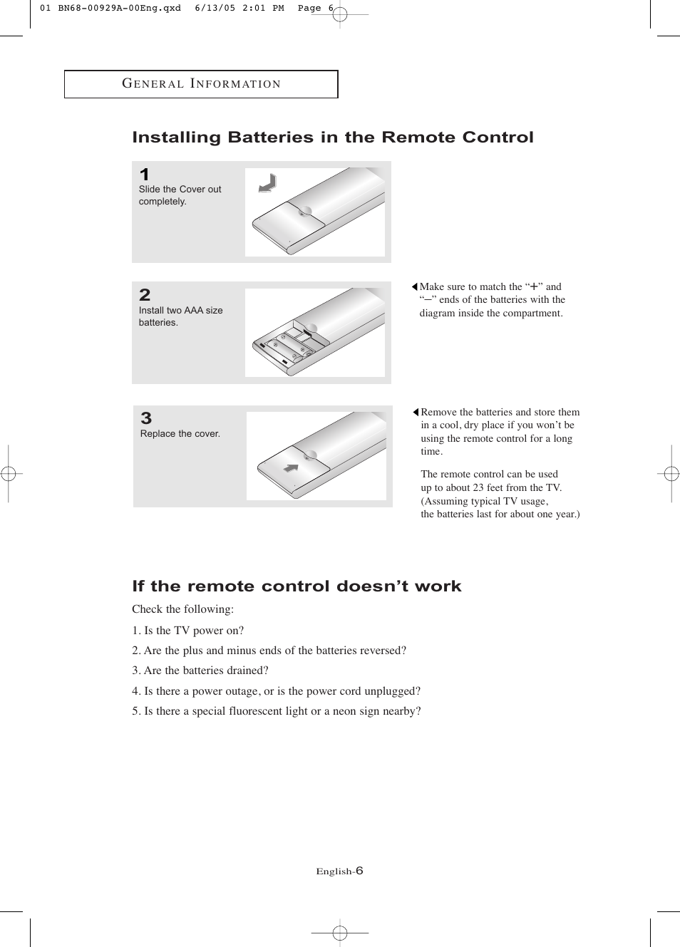 Installing batteries in the remote control, If the remote control doesn’t work | Samsung LNR377DX-XAA User Manual | Page 12 / 114