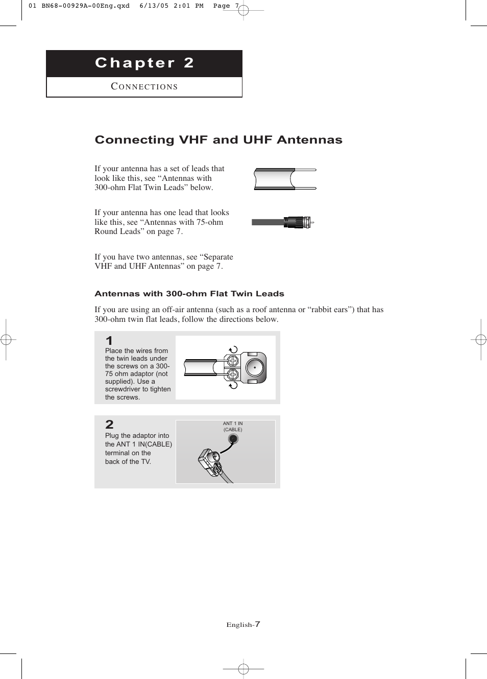 Chapter 2: connections, Connecting vhf and uhf antennas, Antennas with 300-ohm flat twin leads | Samsung LNR377DX-XAA User Manual | Page 13 / 114