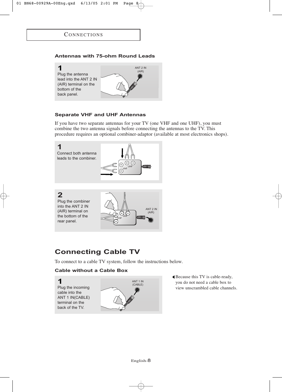 Antennas with 75-ohm round leads, Separate vhf and uhf antennas, Connecting cable tv | Cable without a cable box | Samsung LNR377DX-XAA User Manual | Page 14 / 114