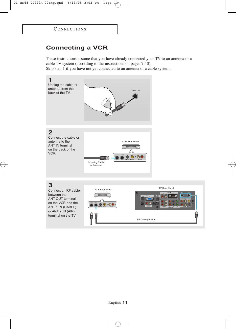 Connecting a vcr | Samsung LNR377DX-XAA User Manual | Page 17 / 114