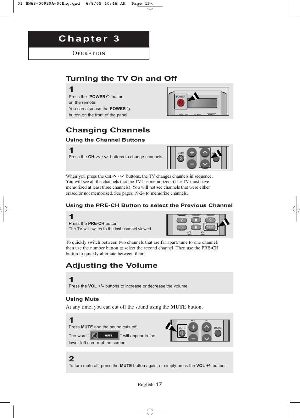 Chapter 3: operation, Turning the tv on and off, Changing channels | Using the channel buttons, Adjusting the volume, Using mute | Samsung LNR377DX-XAA User Manual | Page 23 / 114