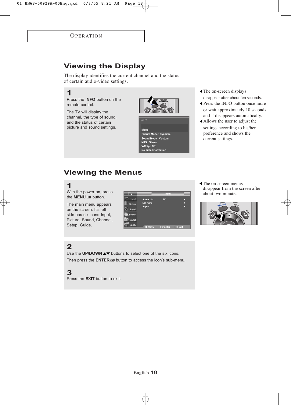 Viewing the display, Viewing the menus | Samsung LNR377DX-XAA User Manual | Page 24 / 114