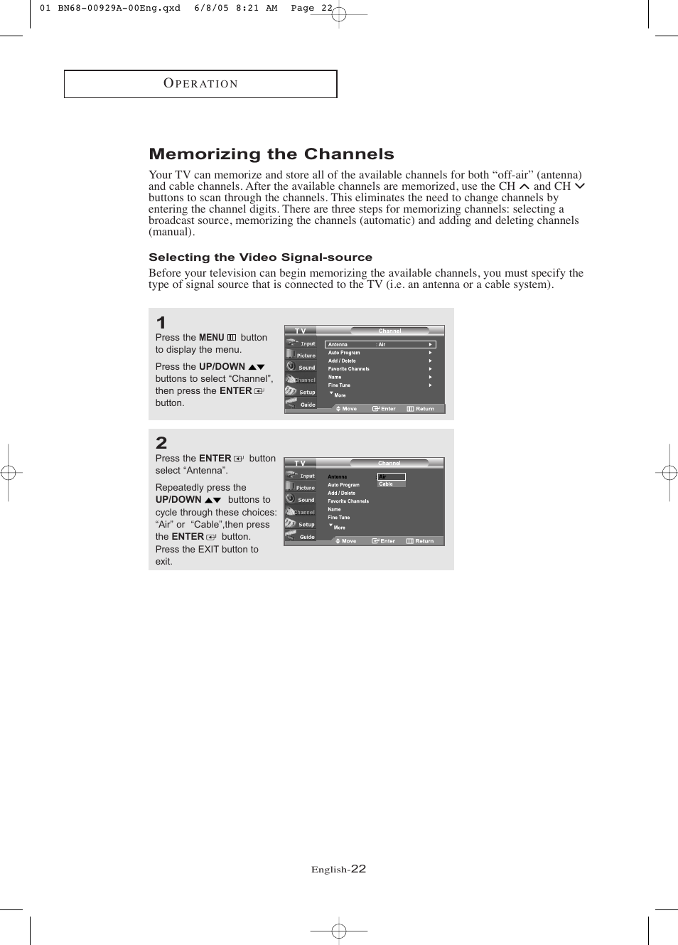 Memorizing the channels, Selecting the video signal-source | Samsung LNR377DX-XAA User Manual | Page 28 / 114