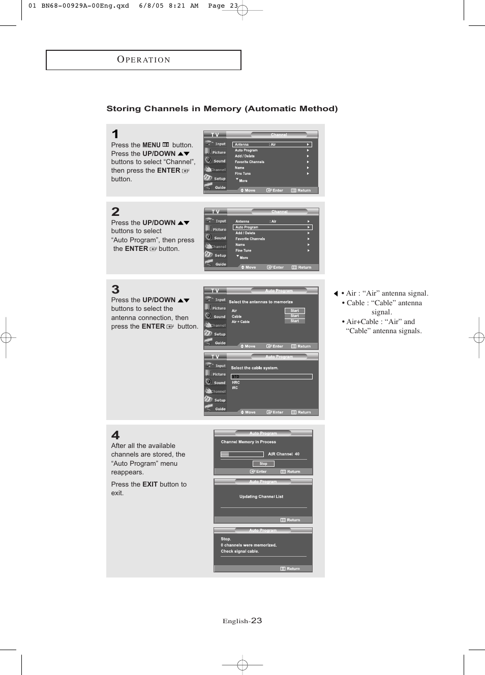 Storing channels in memory (automatic method) | Samsung LNR377DX-XAA User Manual | Page 29 / 114