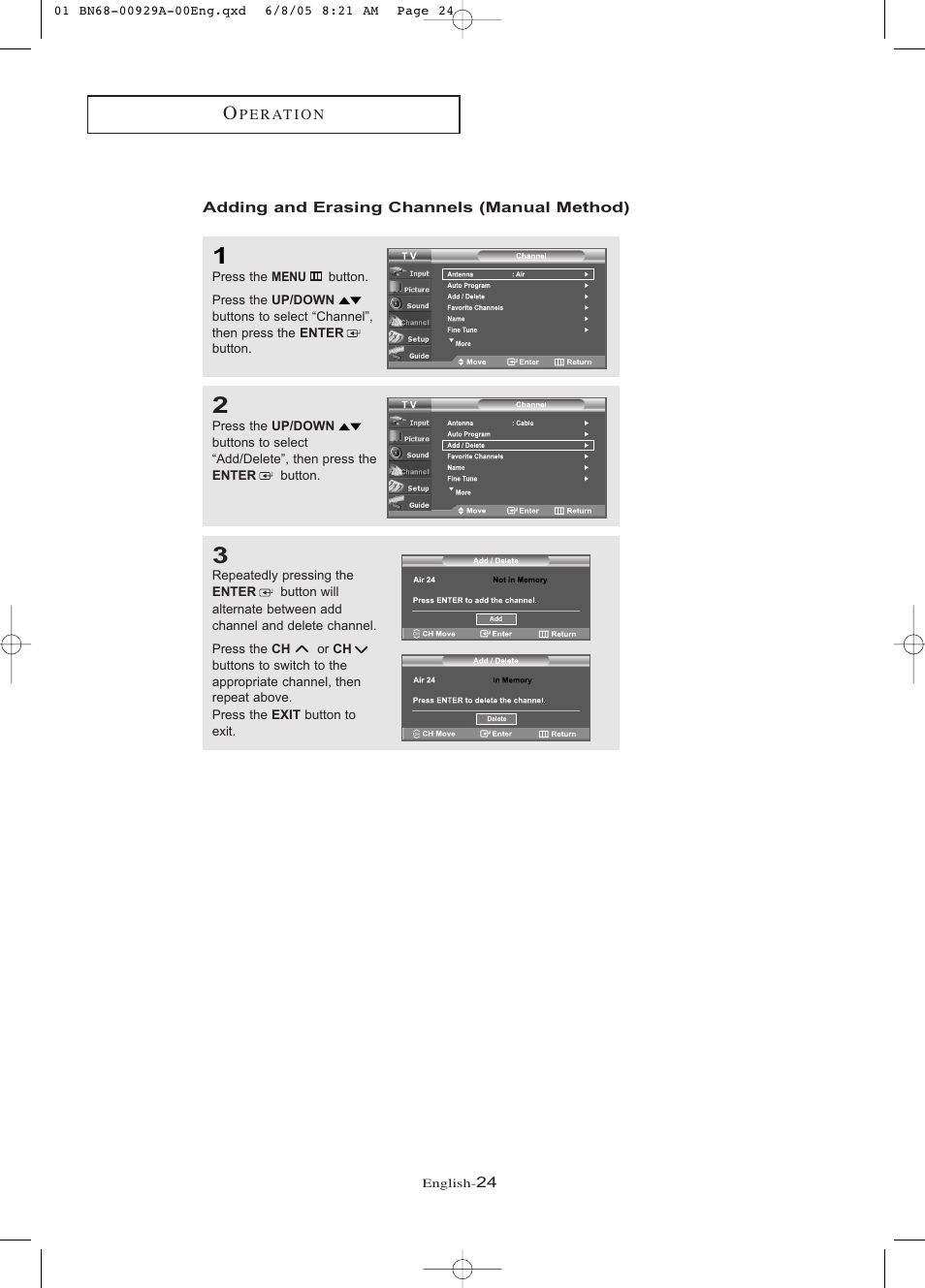 Adding and erasing channels (manual method) | Samsung LNR377DX-XAA User Manual | Page 30 / 114