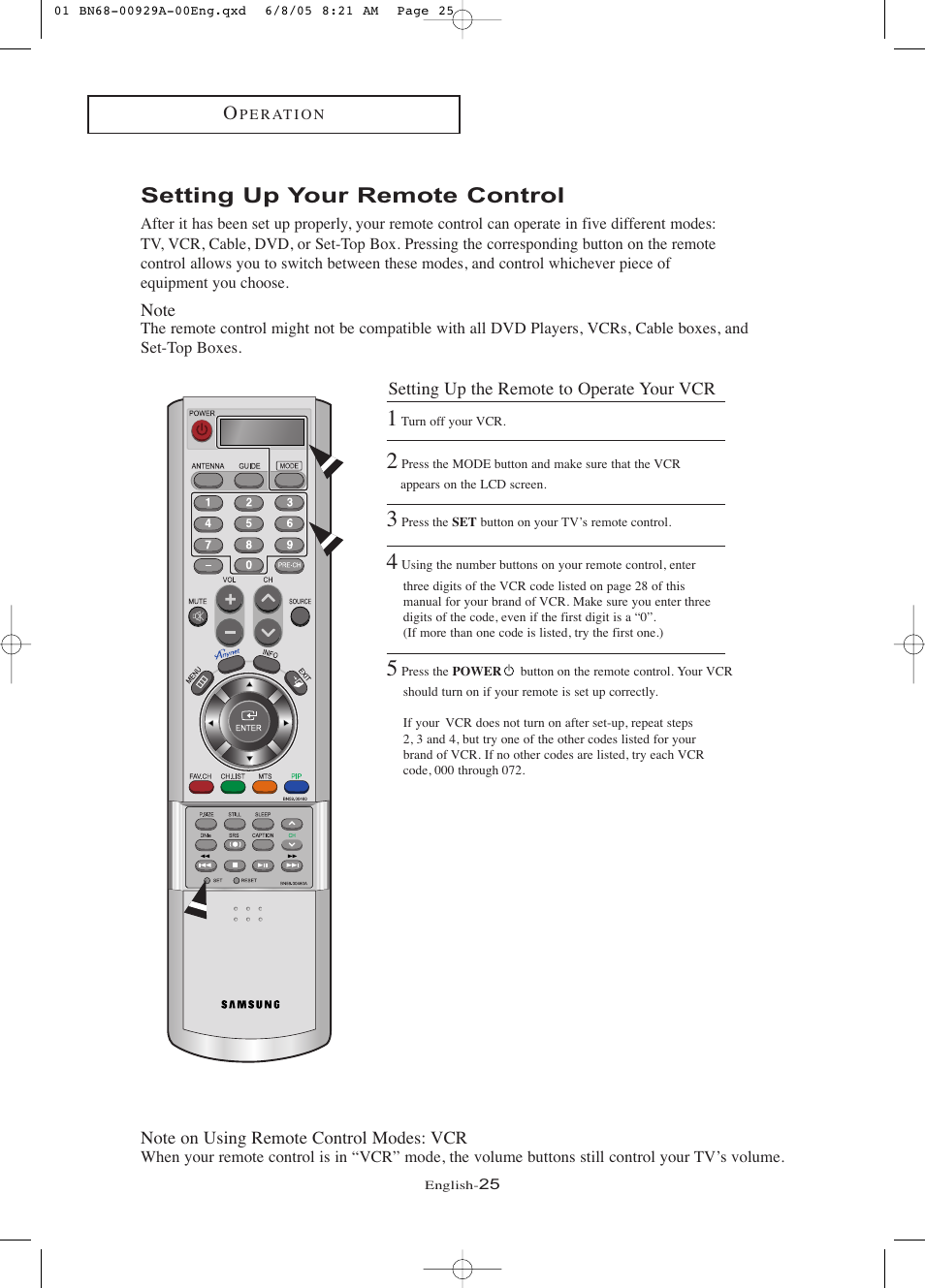 Setting up your remote control | Samsung LNR377DX-XAA User Manual | Page 31 / 114