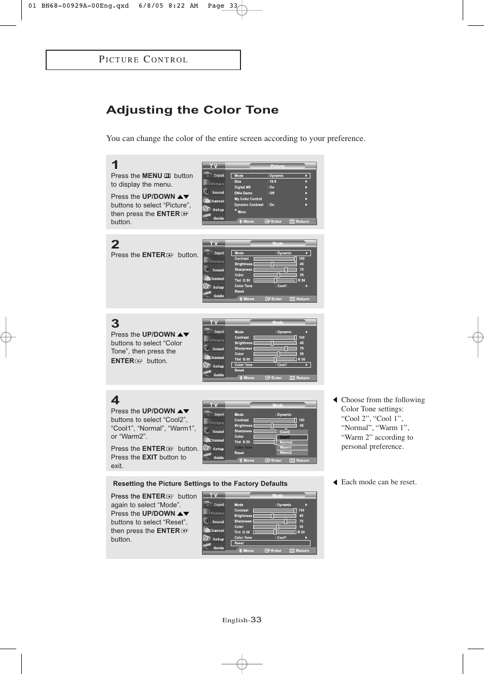 Adjusting the color tone | Samsung LNR377DX-XAA User Manual | Page 39 / 114