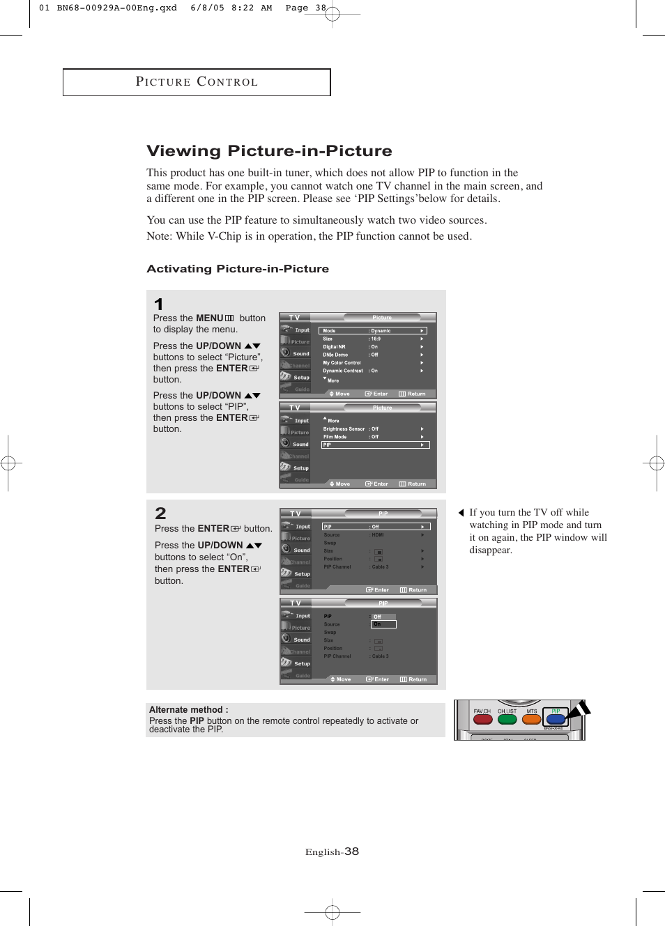 Viewing picture-in-picture, Activating picture-in-picture | Samsung LNR377DX-XAA User Manual | Page 44 / 114