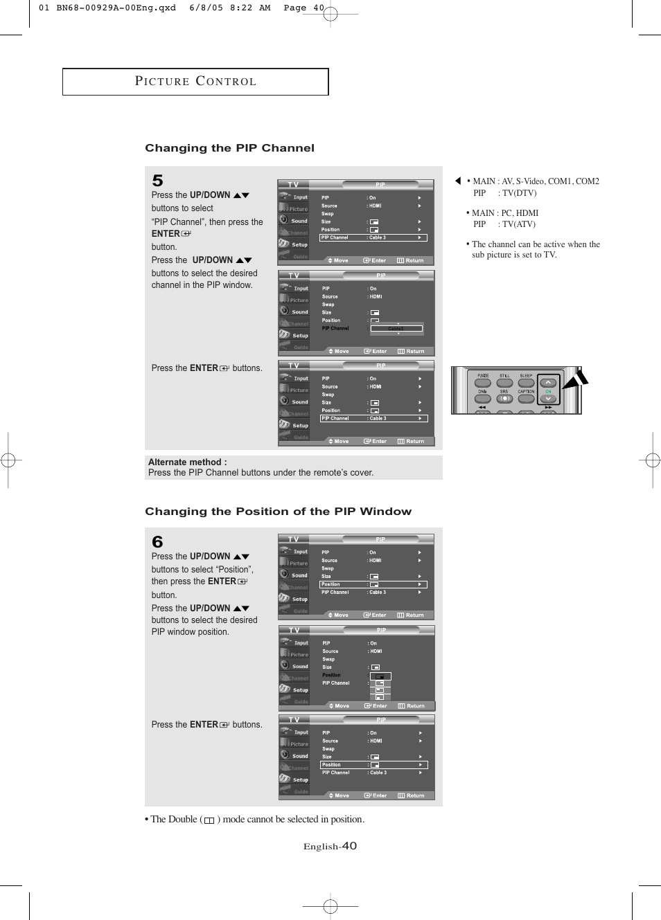 Changing the pip channel, Changing the position of the pipwindow | Samsung LNR377DX-XAA User Manual | Page 46 / 114