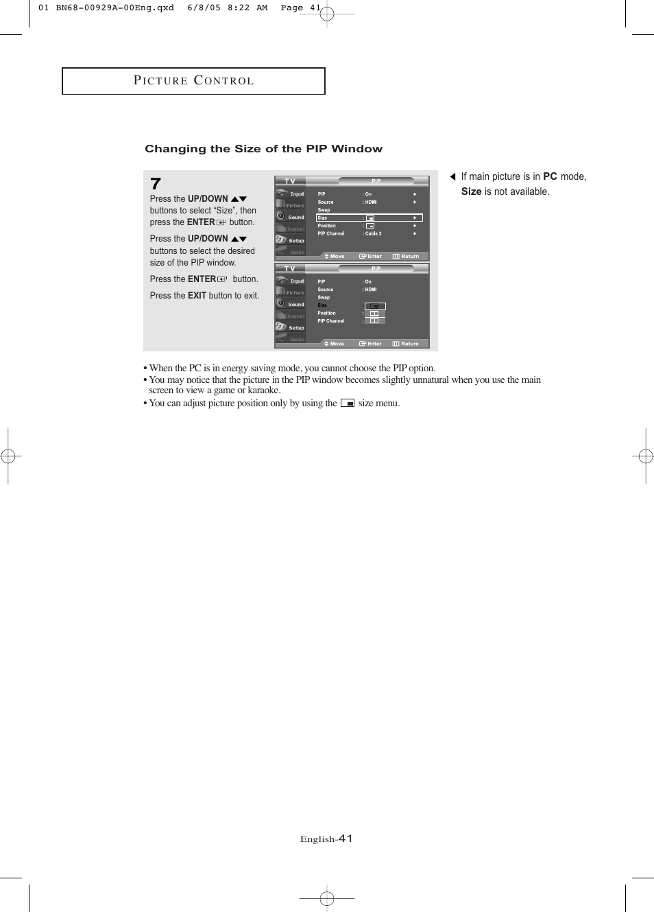 Changing the size of the pipwindow | Samsung LNR377DX-XAA User Manual | Page 47 / 114