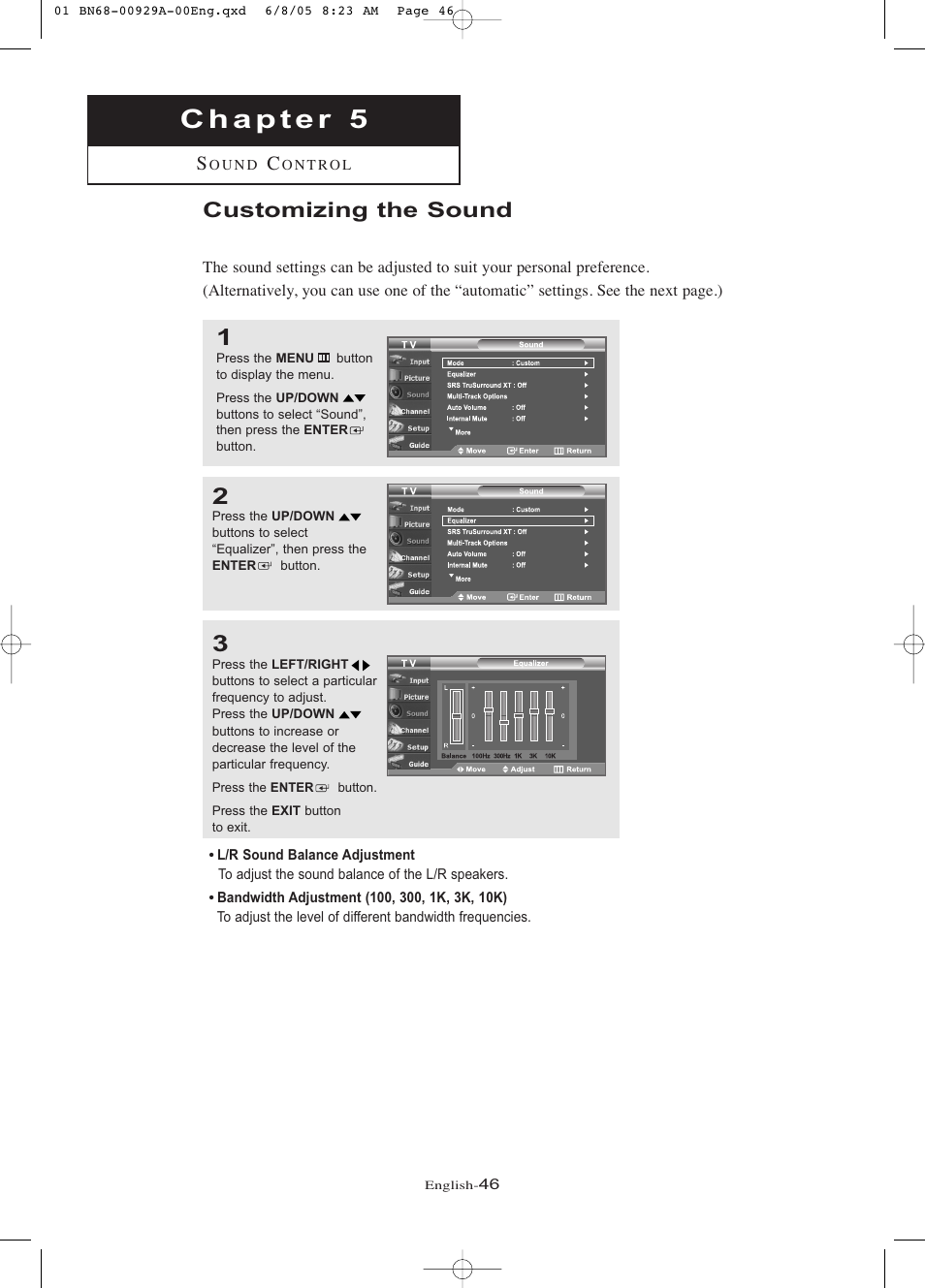 Chapter 5: sound control, Customizing the sound | Samsung LNR377DX-XAA User Manual | Page 52 / 114