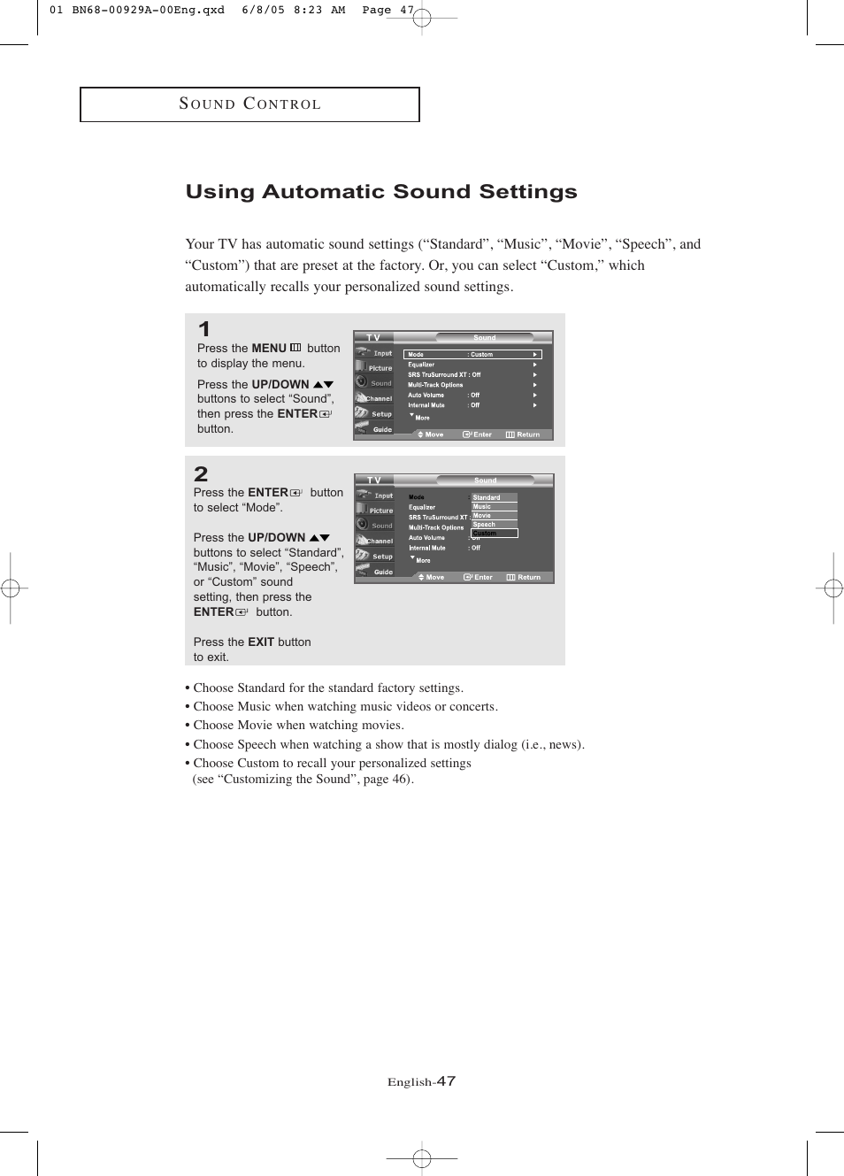 Using automatic sound settings | Samsung LNR377DX-XAA User Manual | Page 53 / 114