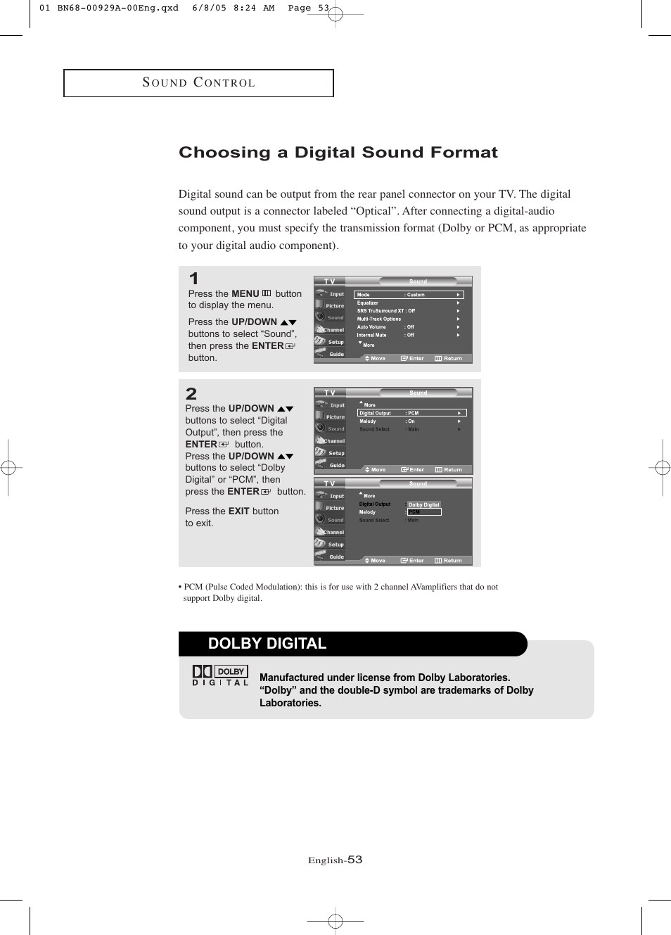 Choosing a digital sound format, Dolby digital | Samsung LNR377DX-XAA User Manual | Page 59 / 114