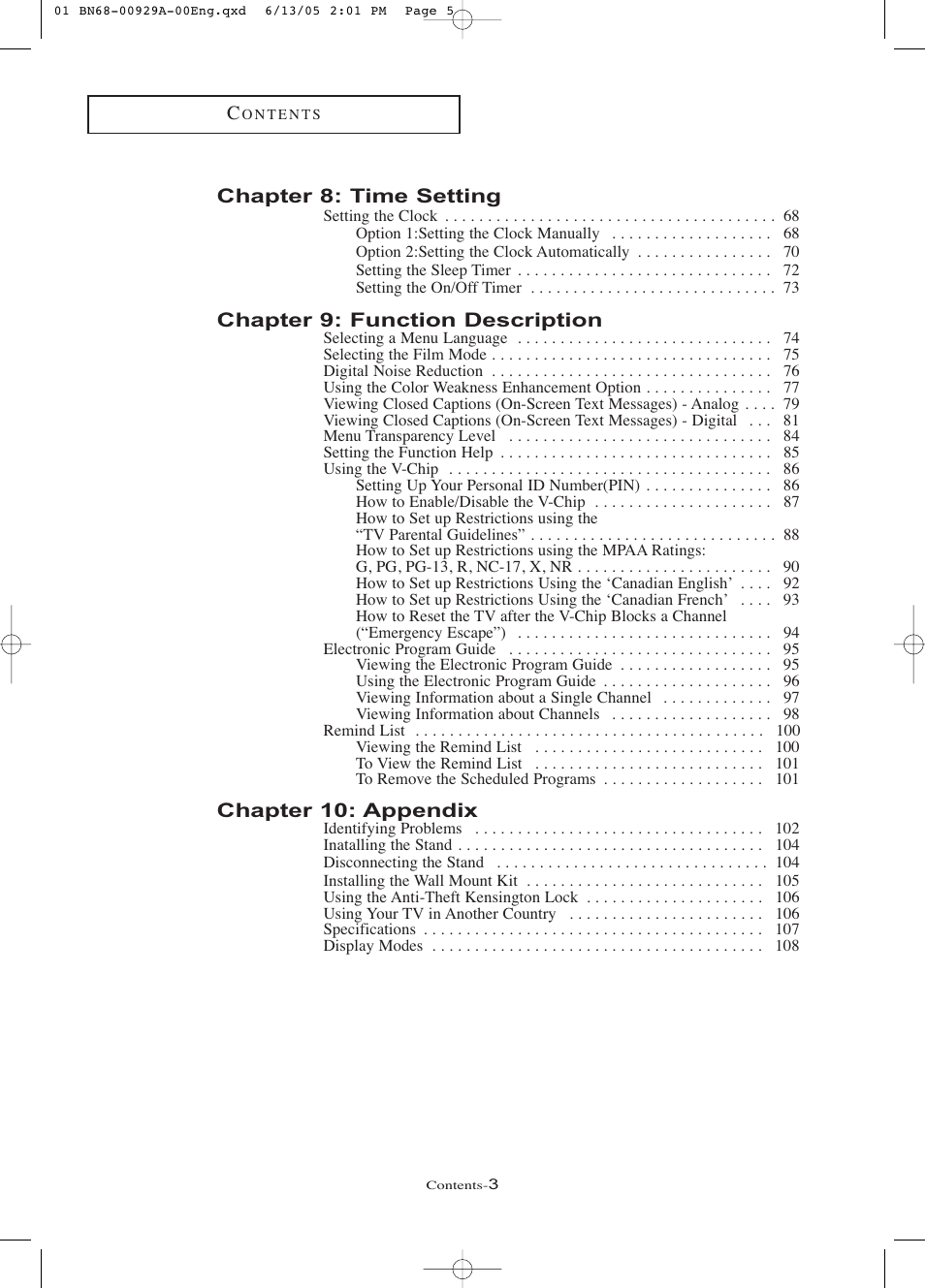 Chapter 8: time setting, Chapter 9: function description, Chapter 10: appendix | Samsung LNR377DX-XAA User Manual | Page 6 / 114