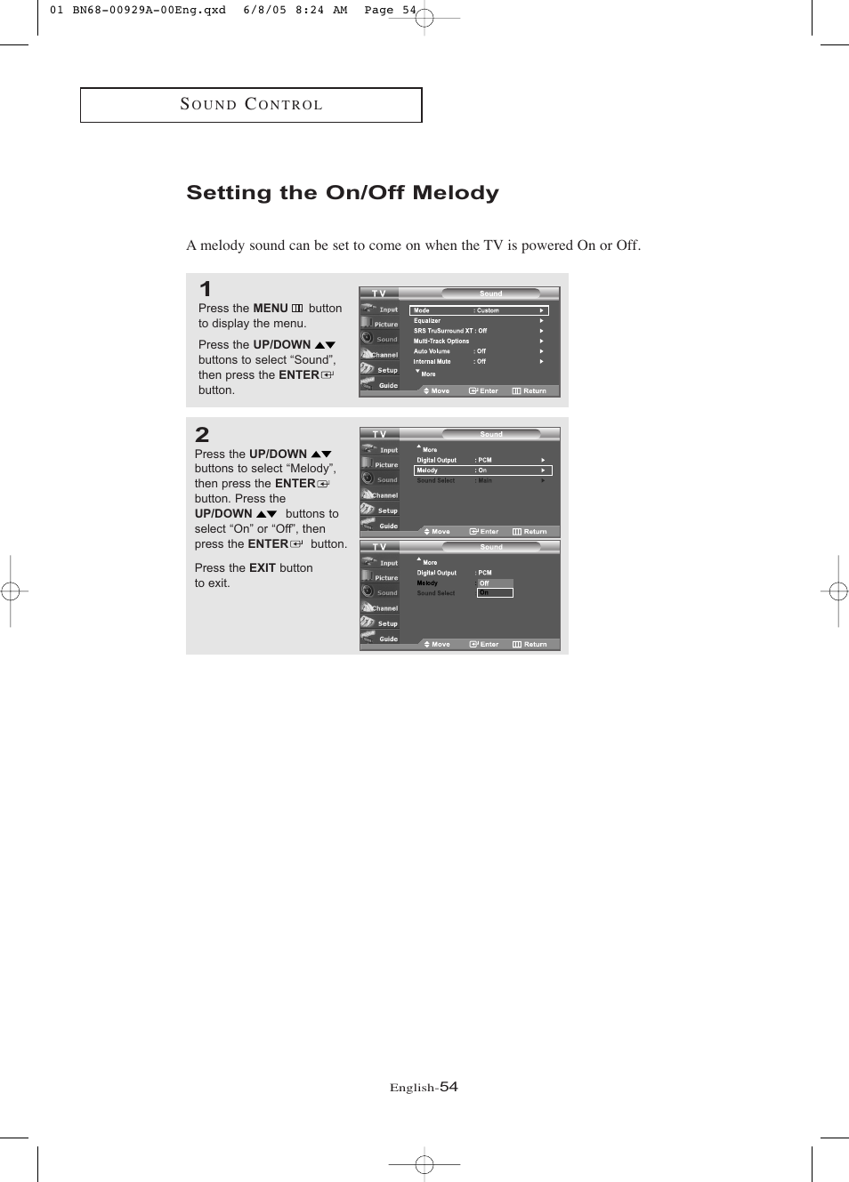 Setting the on/off melody | Samsung LNR377DX-XAA User Manual | Page 60 / 114