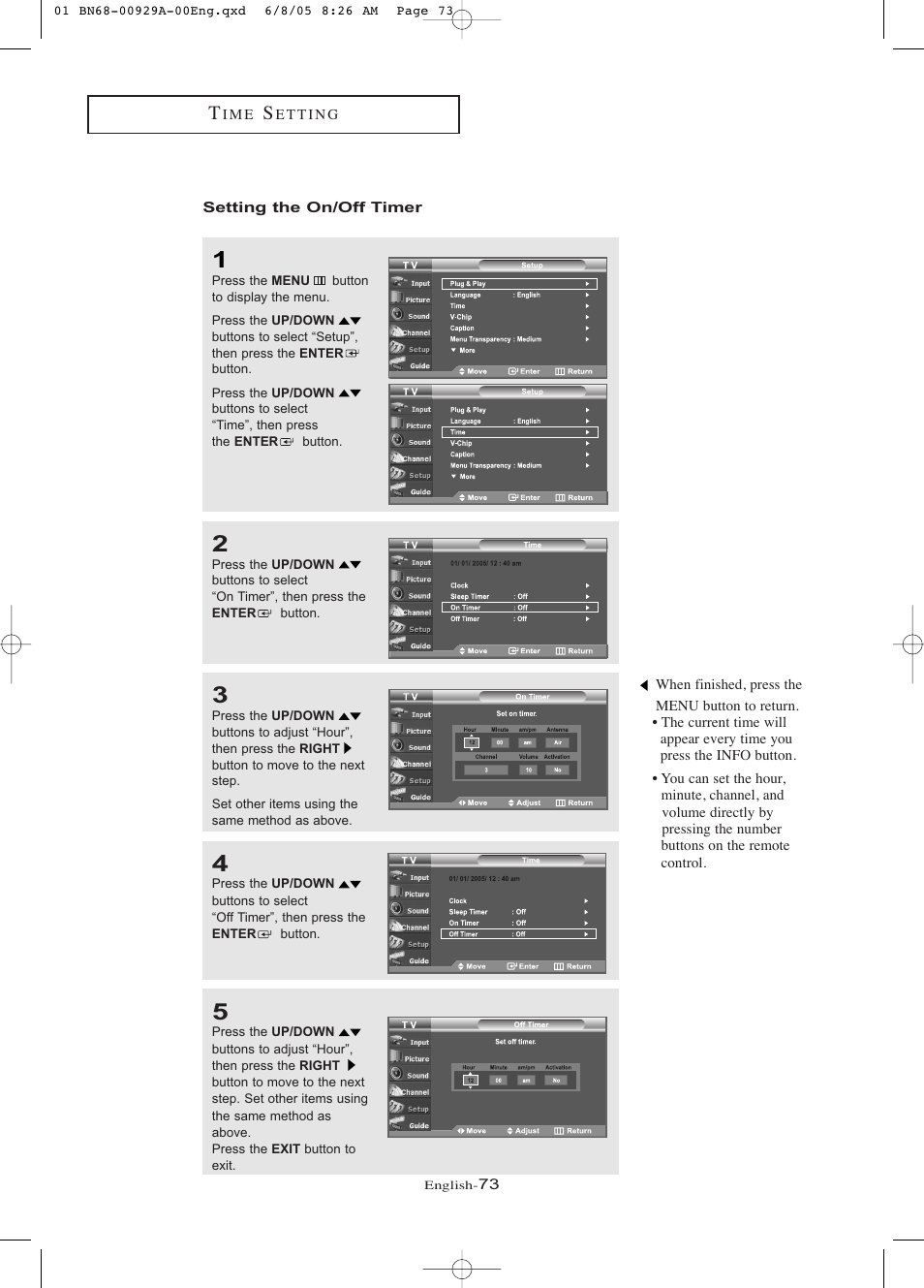 Setting the on/off timer | Samsung LNR377DX-XAA User Manual | Page 79 / 114