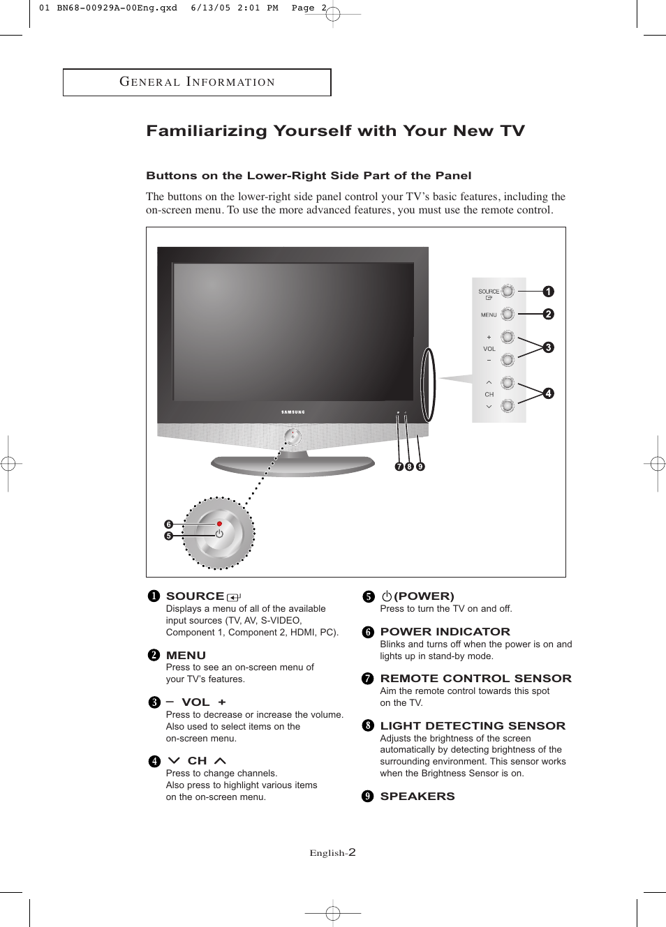 Familiarizing yourself with your new tv, Buttons on the lower-right side part of the panel | Samsung LNR377DX-XAA User Manual | Page 8 / 114