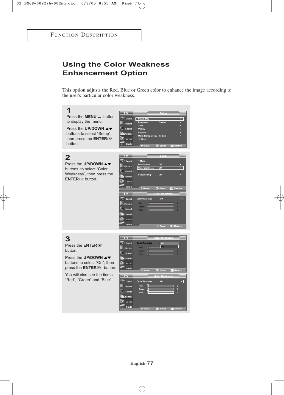 Using the color weakness enhancement option | Samsung LNR377DX-XAA User Manual | Page 83 / 114