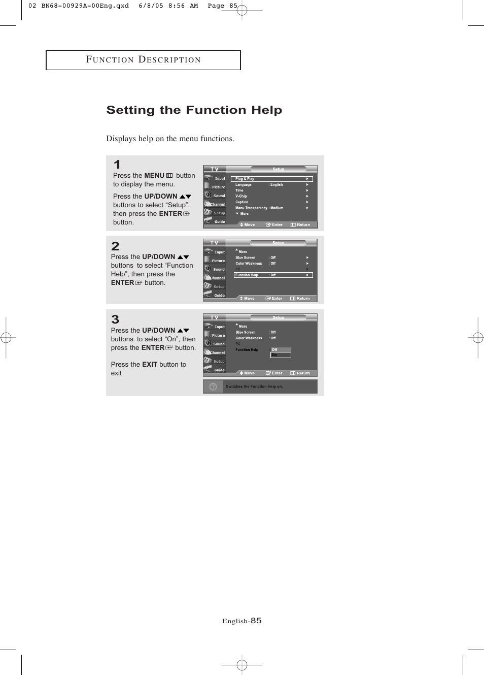 Setting the function help | Samsung LNR377DX-XAA User Manual | Page 91 / 114