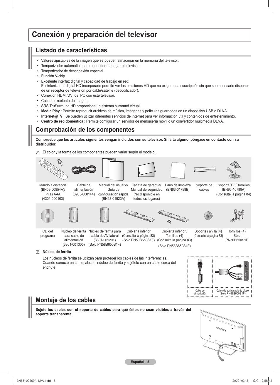Conexión y preparación del televisor, Listado de características, Comprobación de los componentes | Montaje de los cables | Samsung PN58B650S1FXZA User Manual | Page 101 / 184