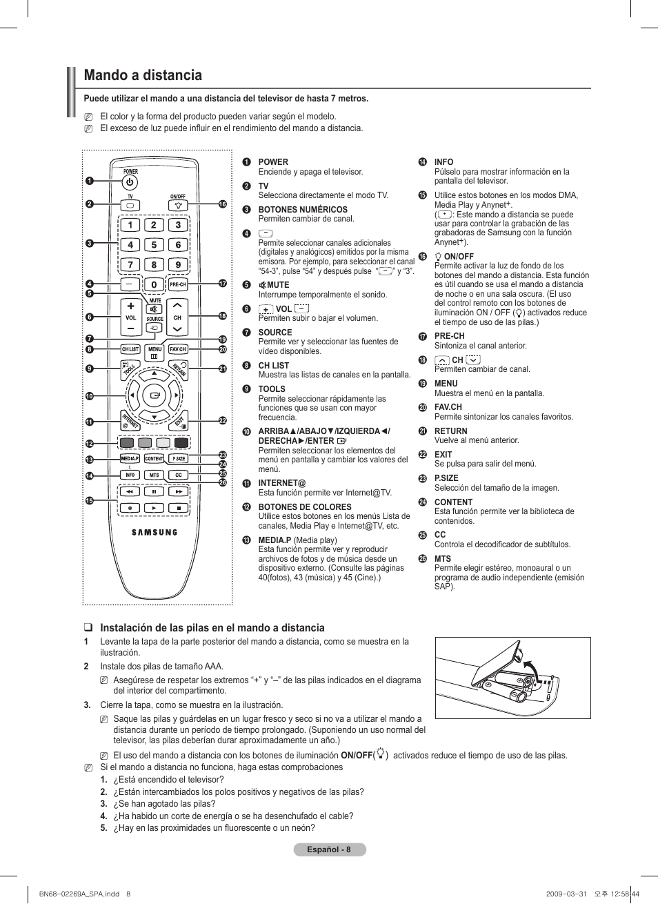 Mando a distancia, Instalación de las pilas en el mando a distancia | Samsung PN58B650S1FXZA User Manual | Page 104 / 184