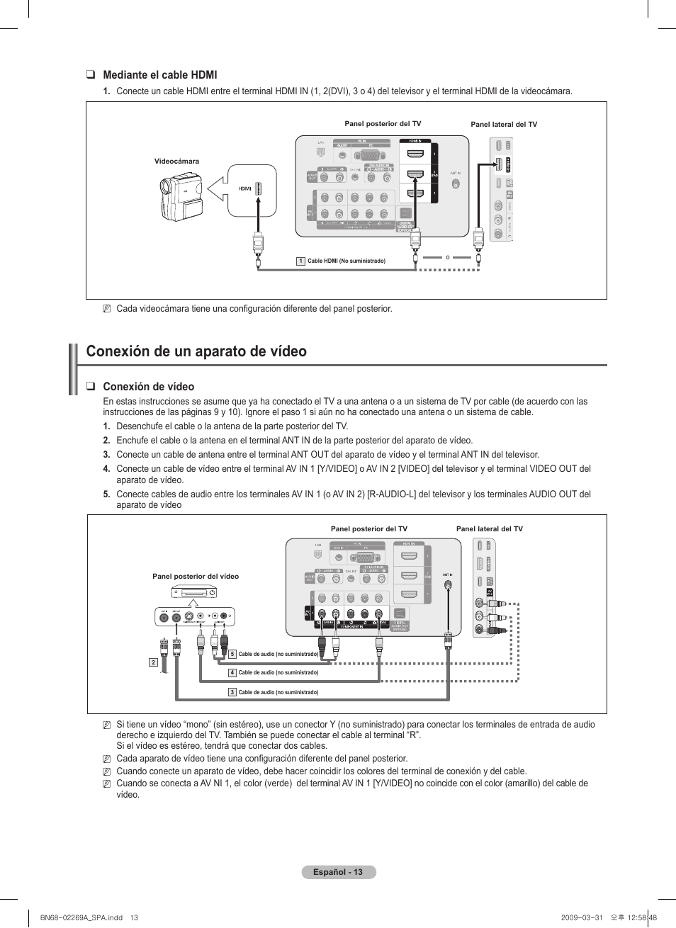 Conexión de un aparato de vídeo, Conexión de vídeo, Mediante el cable hdmi | Samsung PN58B650S1FXZA User Manual | Page 109 / 184