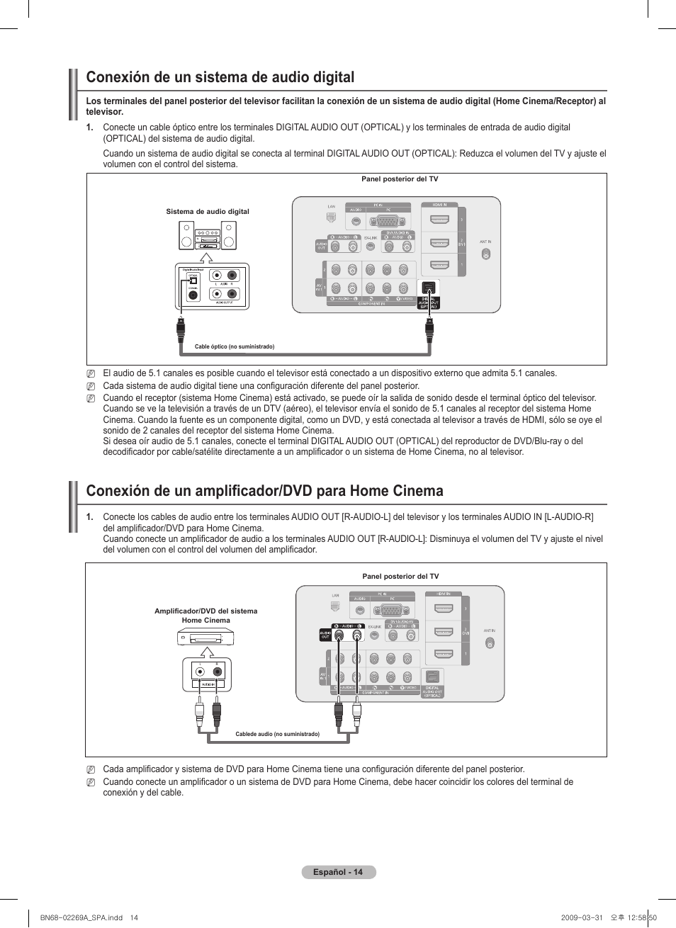 Conexión de un sistema de audio digital, Conexión de un amplificador/dvd para home cinema | Samsung PN58B650S1FXZA User Manual | Page 110 / 184