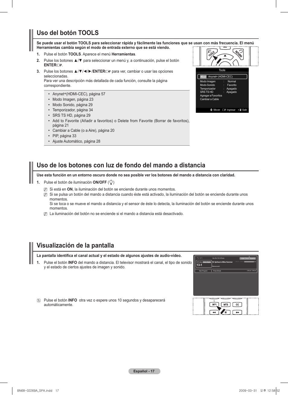 Visualización de la pantalla, Uso del botón tools | Samsung PN58B650S1FXZA User Manual | Page 113 / 184