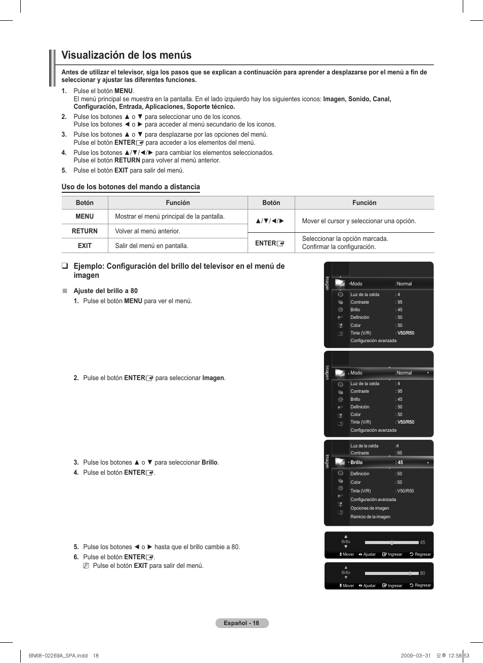 Visualización de los menús, Uso de los botones del mando a distancia | Samsung PN58B650S1FXZA User Manual | Page 114 / 184