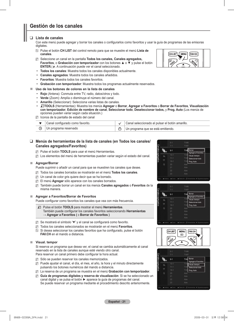 Gestión de los canales, Lista de canales | Samsung PN58B650S1FXZA User Manual | Page 117 / 184