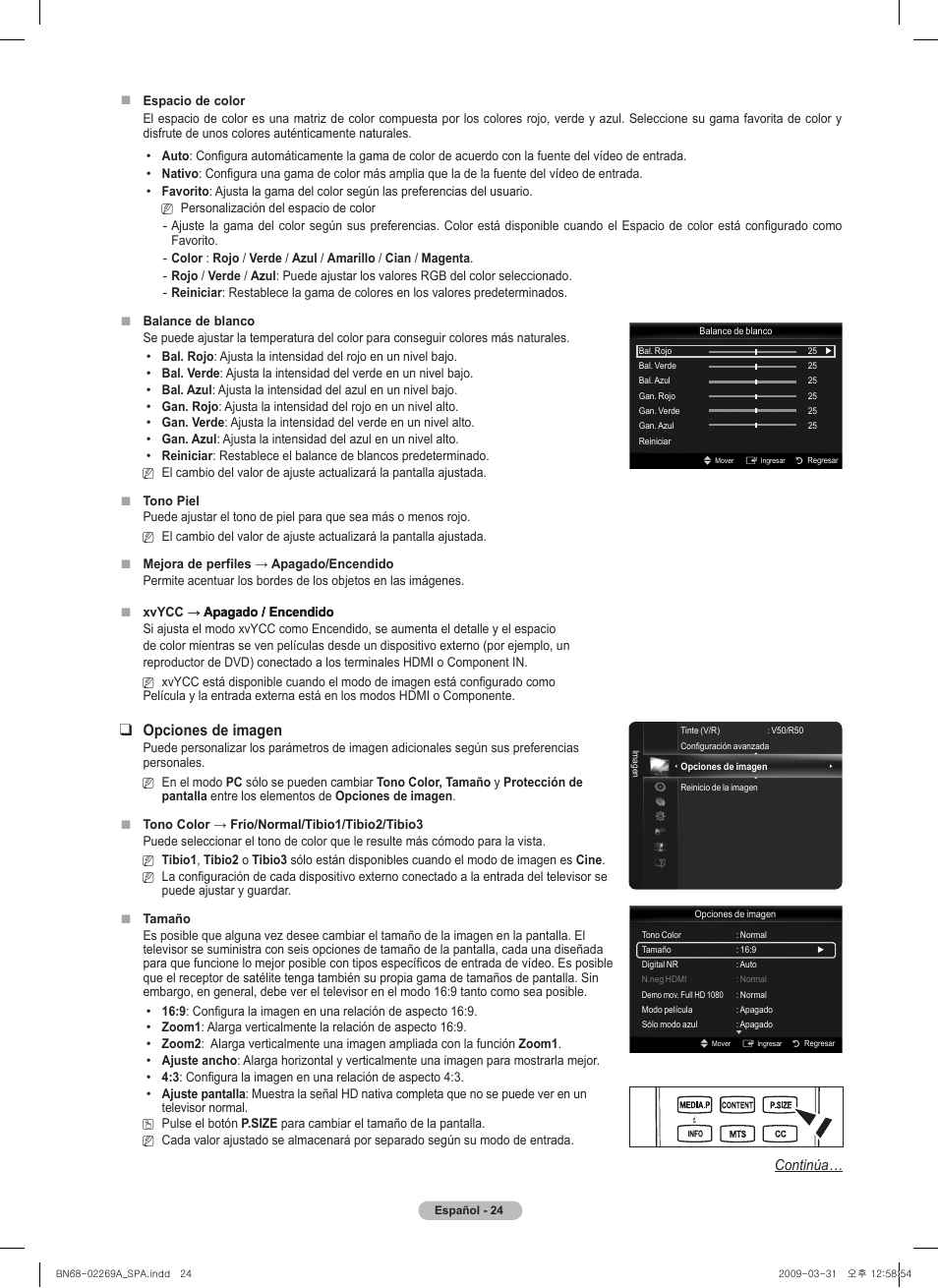 Opciones de imagen, Continúa | Samsung PN58B650S1FXZA User Manual | Page 120 / 184