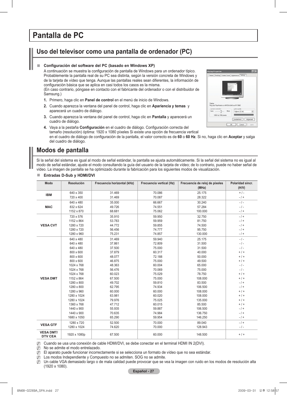 Pantalla de pc, Modos de pantalla | Samsung PN58B650S1FXZA User Manual | Page 123 / 184