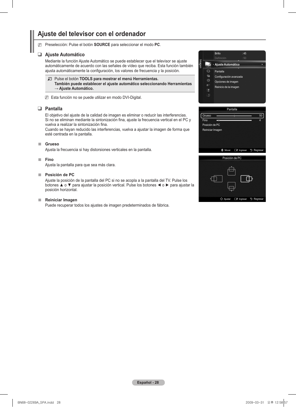 Ajuste del televisor con el ordenador, Ajuste automático, Pantalla | Samsung PN58B650S1FXZA User Manual | Page 124 / 184