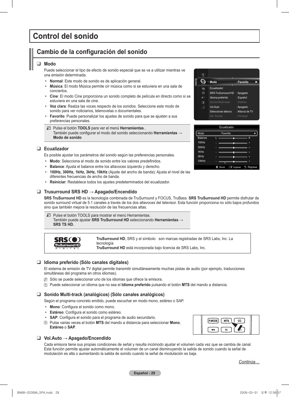 Control del sonido, Cambio de la configuración del sonido, Modo | Ecualizador, Trusurroundsrshd→apagado/encendido, Idioma preferido (sólo canales digitales), Vol.auto→apagado/encendido | Samsung PN58B650S1FXZA User Manual | Page 125 / 184