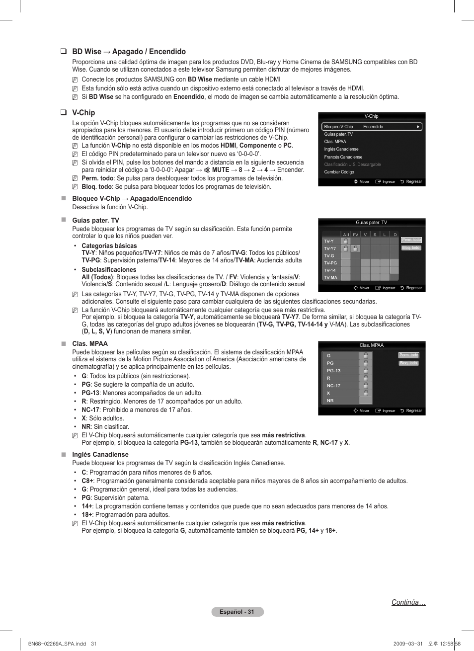 Bdwise→apagado/encendido, V-chip | Samsung PN58B650S1FXZA User Manual | Page 127 / 184