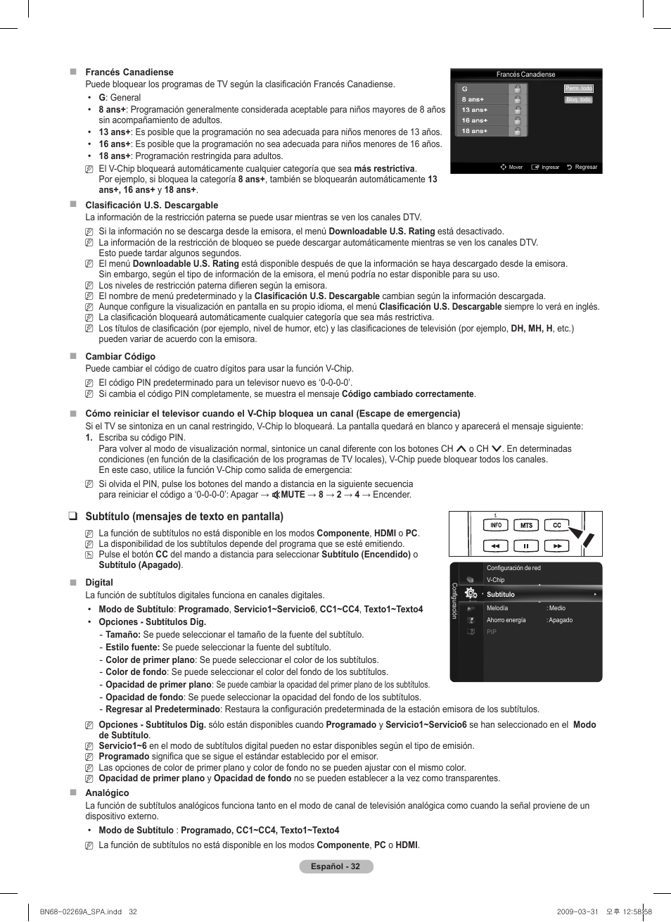 Subtítulo (mensajes de texto en pantalla) | Samsung PN58B650S1FXZA User Manual | Page 128 / 184