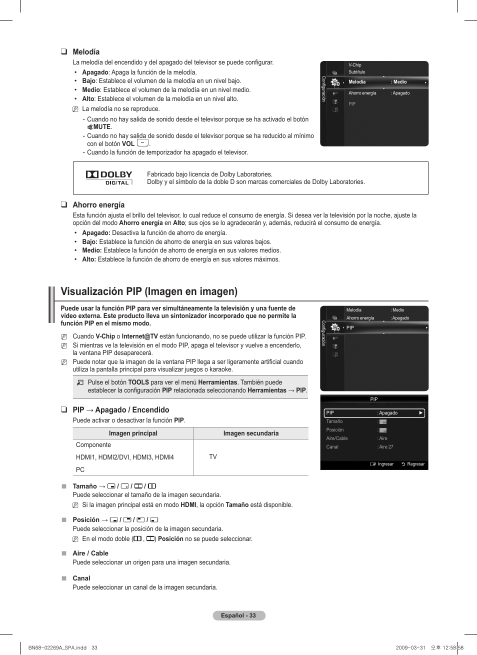 Visualización pip (imagen en imagen), Melodía, Ahorro energía | Pip→apagado/encendido | Samsung PN58B650S1FXZA User Manual | Page 129 / 184