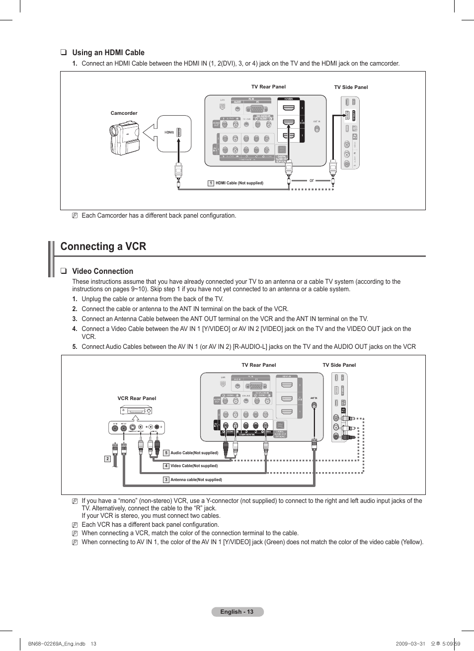 Connecting a vcr, Video connection, Using an hdmi cable | Samsung PN58B650S1FXZA User Manual | Page 13 / 184