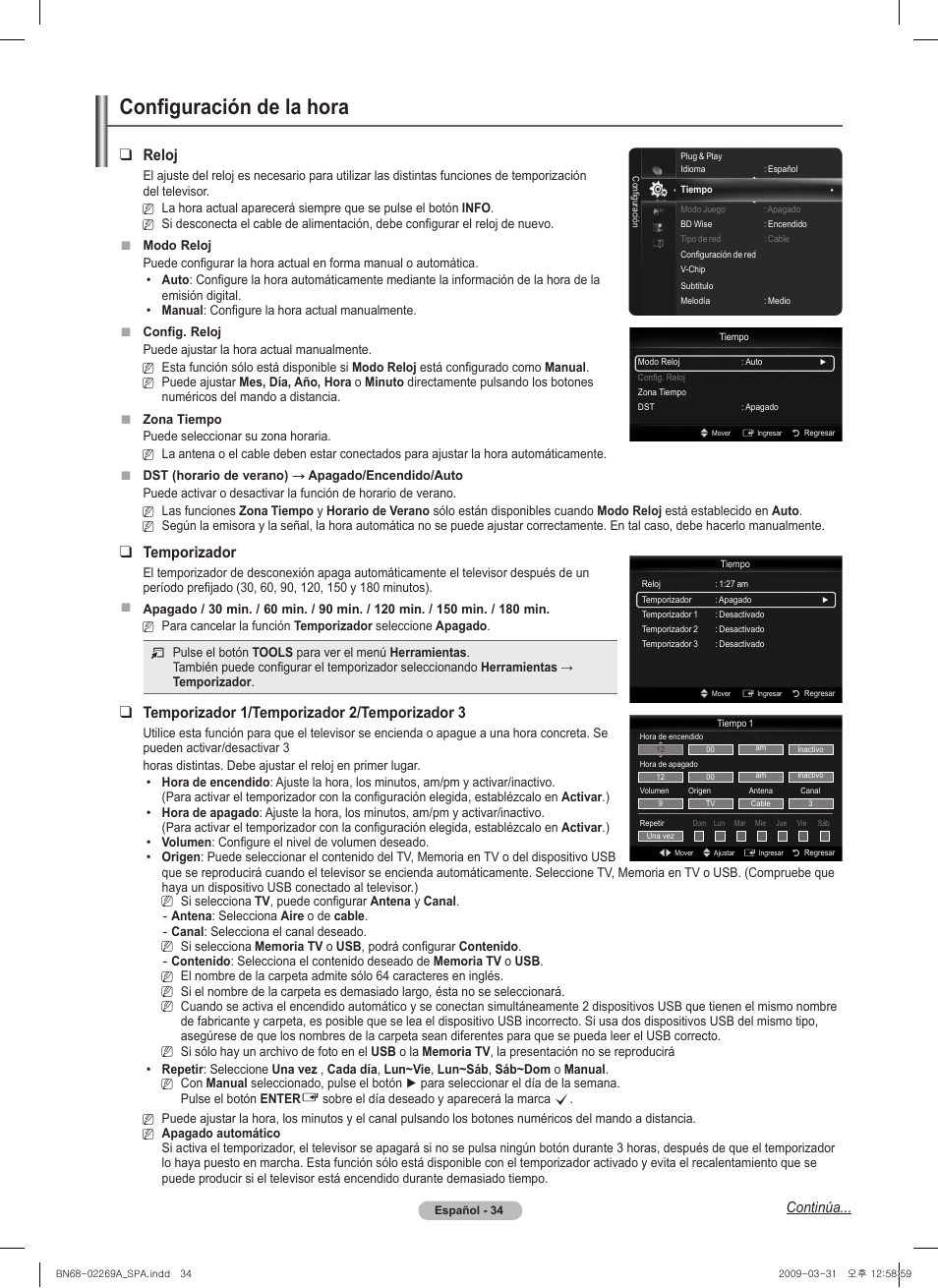 Configuración de la hora, Reloj, Temporizador | Temporizador 1/temporizador /temporizador, Continúa | Samsung PN58B650S1FXZA User Manual | Page 130 / 184