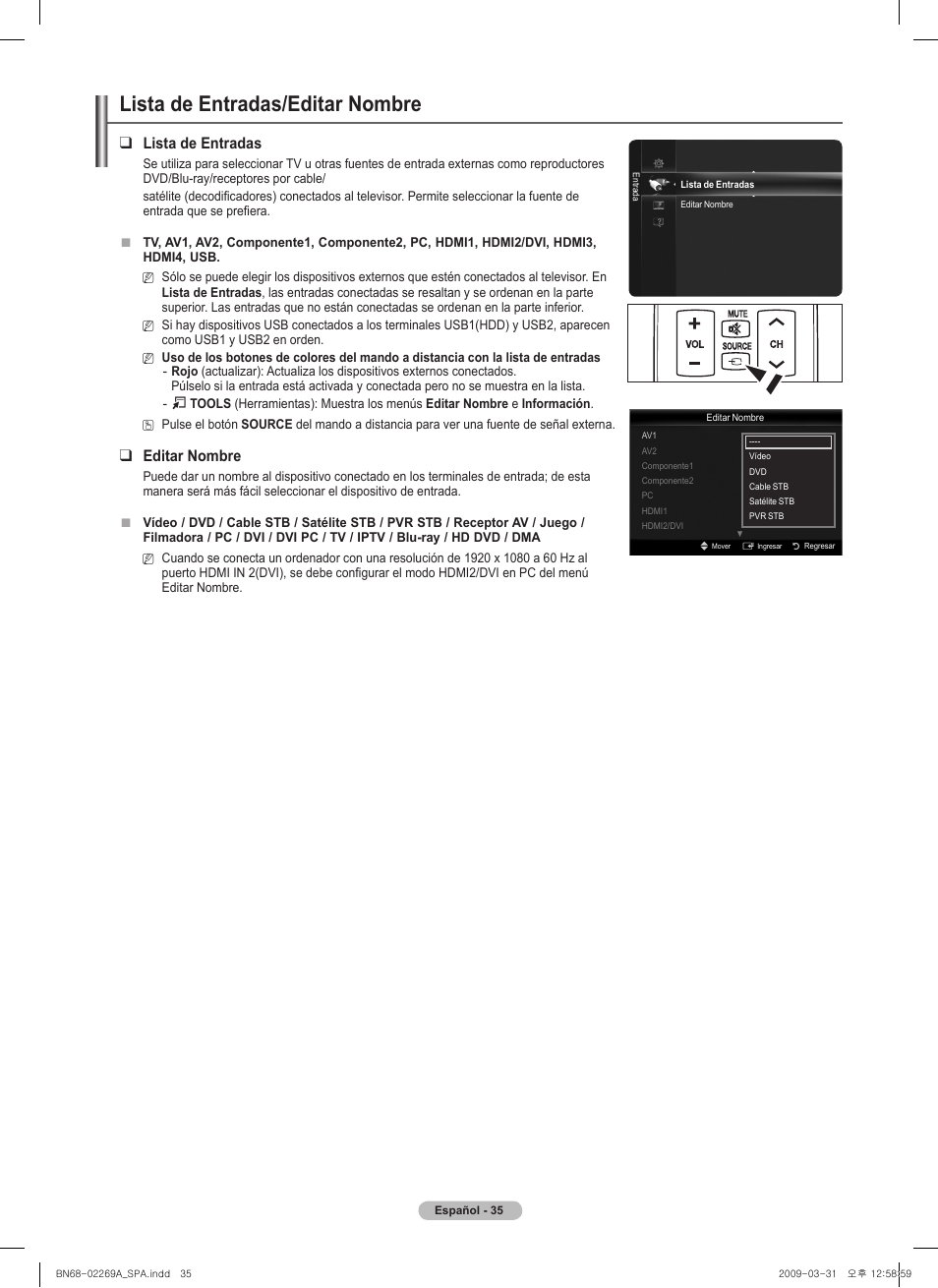 Lista de entradas/editar nombre, Lista de entradas, Editar nombre | Samsung PN58B650S1FXZA User Manual | Page 131 / 184