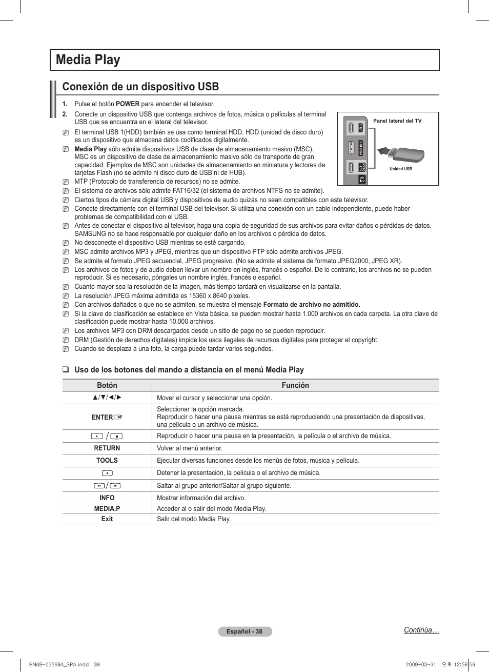 Media play, Conexión de un dispositivo usb | Samsung PN58B650S1FXZA User Manual | Page 134 / 184