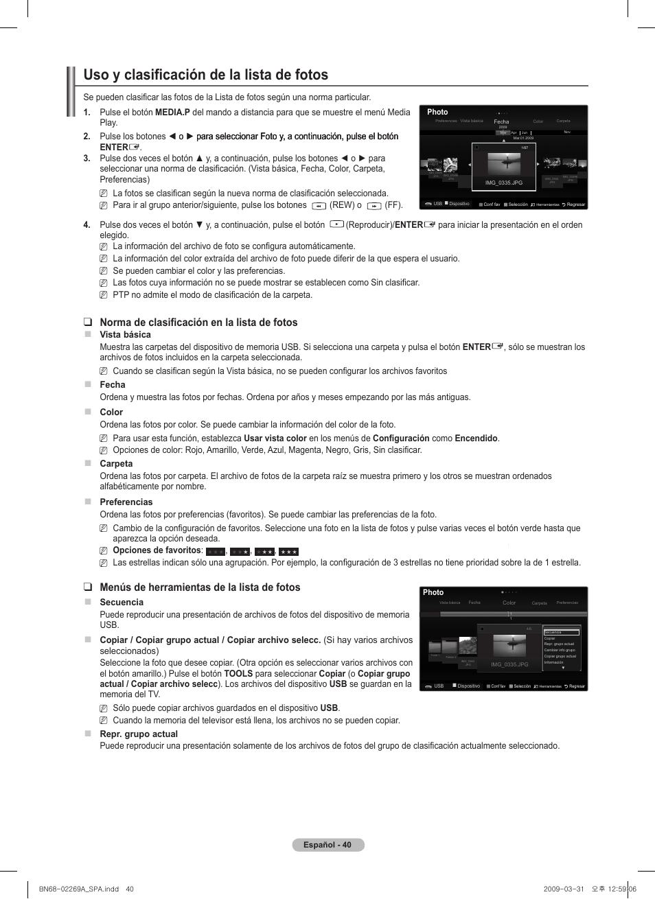 Uso y clasificación de la lista de fotos, Norma de clasificación en la lista de fotos, Menús de herramientas de la lista de fotos | Samsung PN58B650S1FXZA User Manual | Page 136 / 184